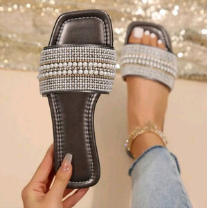 Women's Plus Size Flat Sandals With Rhinestone, Summer Beach Slippers